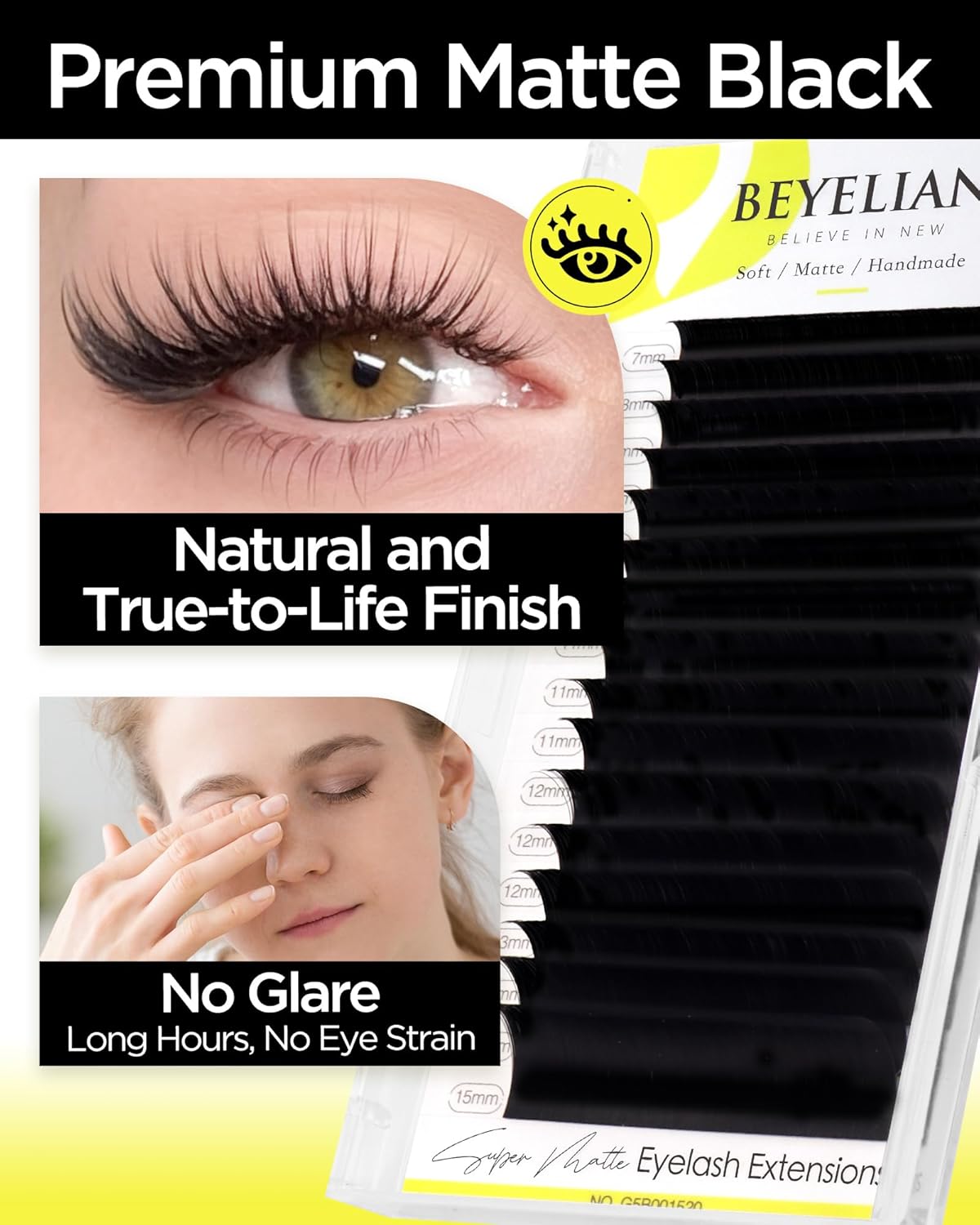 BEYELIAN Eyelash Extension 0.20 C Curl 7-15mm Mixed Tray Easy Fan Lash Extensions Volume Lashes 100°/212°F High Temperature Resistant Classic Professional Use Natural Matte Black (0.20 C 7-15mm Mix)