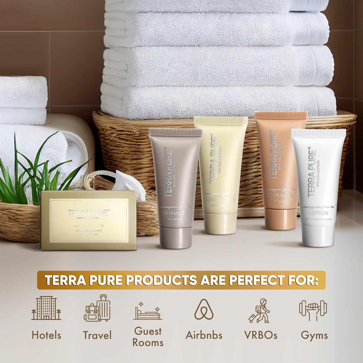 Terra Pure Spa Collection Bulk Set Toiletries | 1-Shoppe All-In-Kit Amenities for Hotels & Airbnb | 0.85 oz Hotel Shampoo & Conditioner, Body Wash, Lotion & Cleansing Bar Travel Size Tubes| 150 Pieces