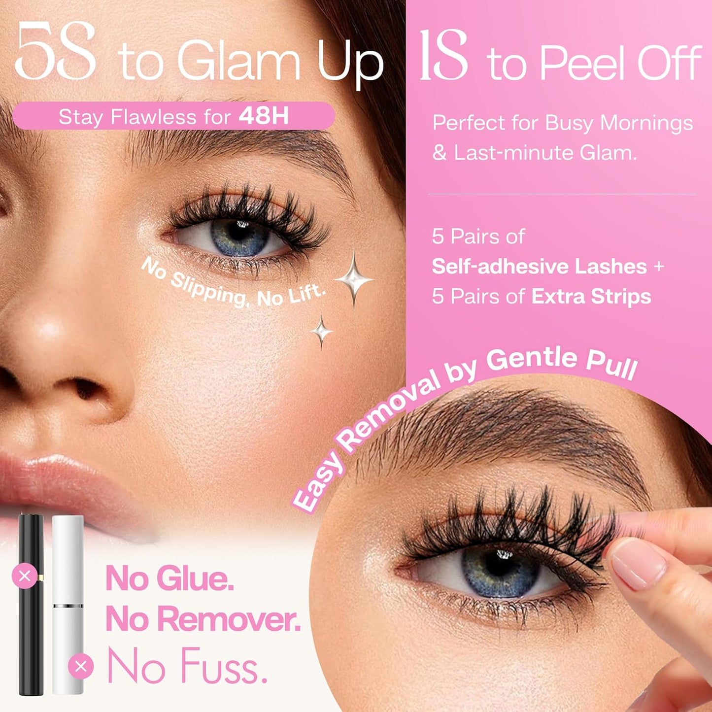 CALAILIS Self Adhesive Eyelashes 5 Pairs Natural Look Press On Lashes No Glue Need Eyelashes Reusable Cat Eye Wispy Self-adhesive False Lashes with Replacement Adhesive Strips (C105)