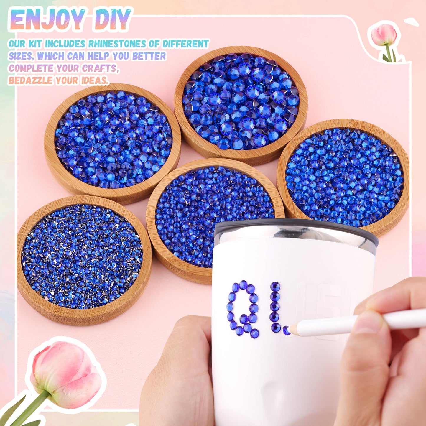25000Pcs Resin Rhinestones with B7000 Jewelry Glue for Crafting, Royal Blue 2-6mm Non Hotfix Flatback Gems, Bedazzling Crystal for DIY Crafts Clothing Tumblers Mugs Shoes Fabric Decor Nail Art