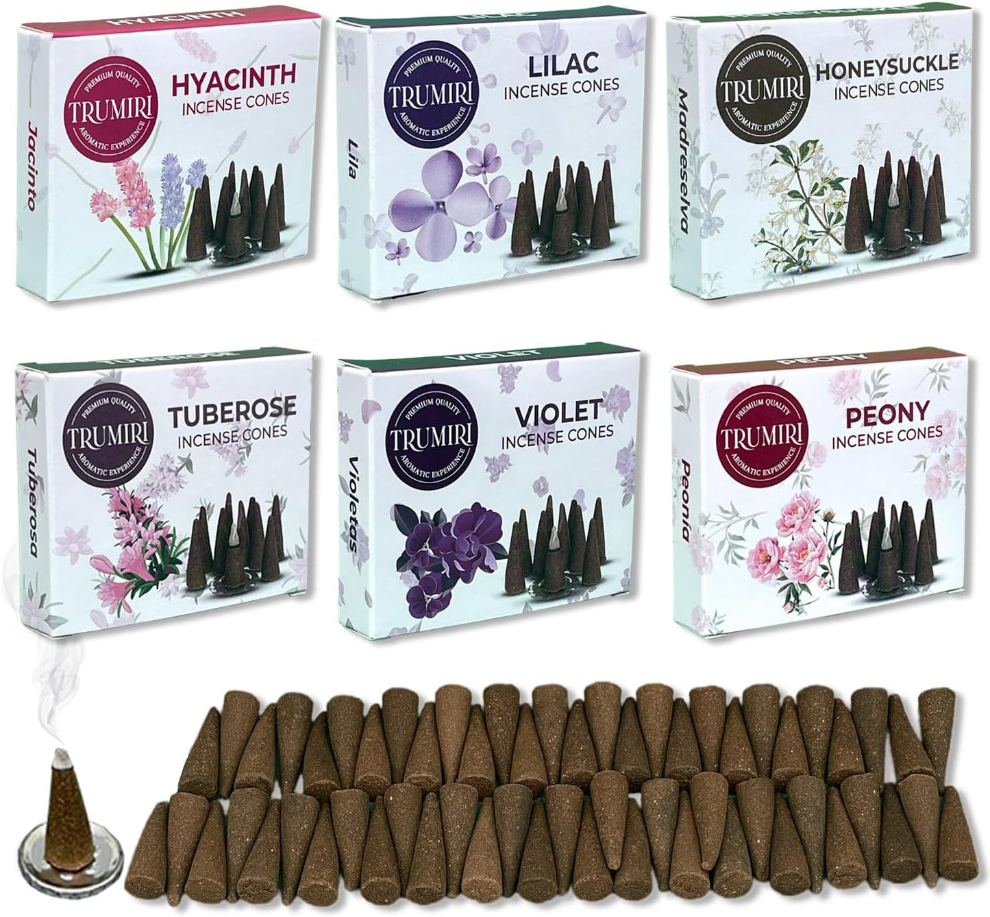 TRUMIRI Blossom Incense Cones - Variety Pack - Total 60 Cone Incense (6 Scents x 10 Conos) - Peony, Lilac, Violet, Honeysuckle, Hyacinth, Tuberose - Cone Incense Scents - Insense Cones - Incent Cone