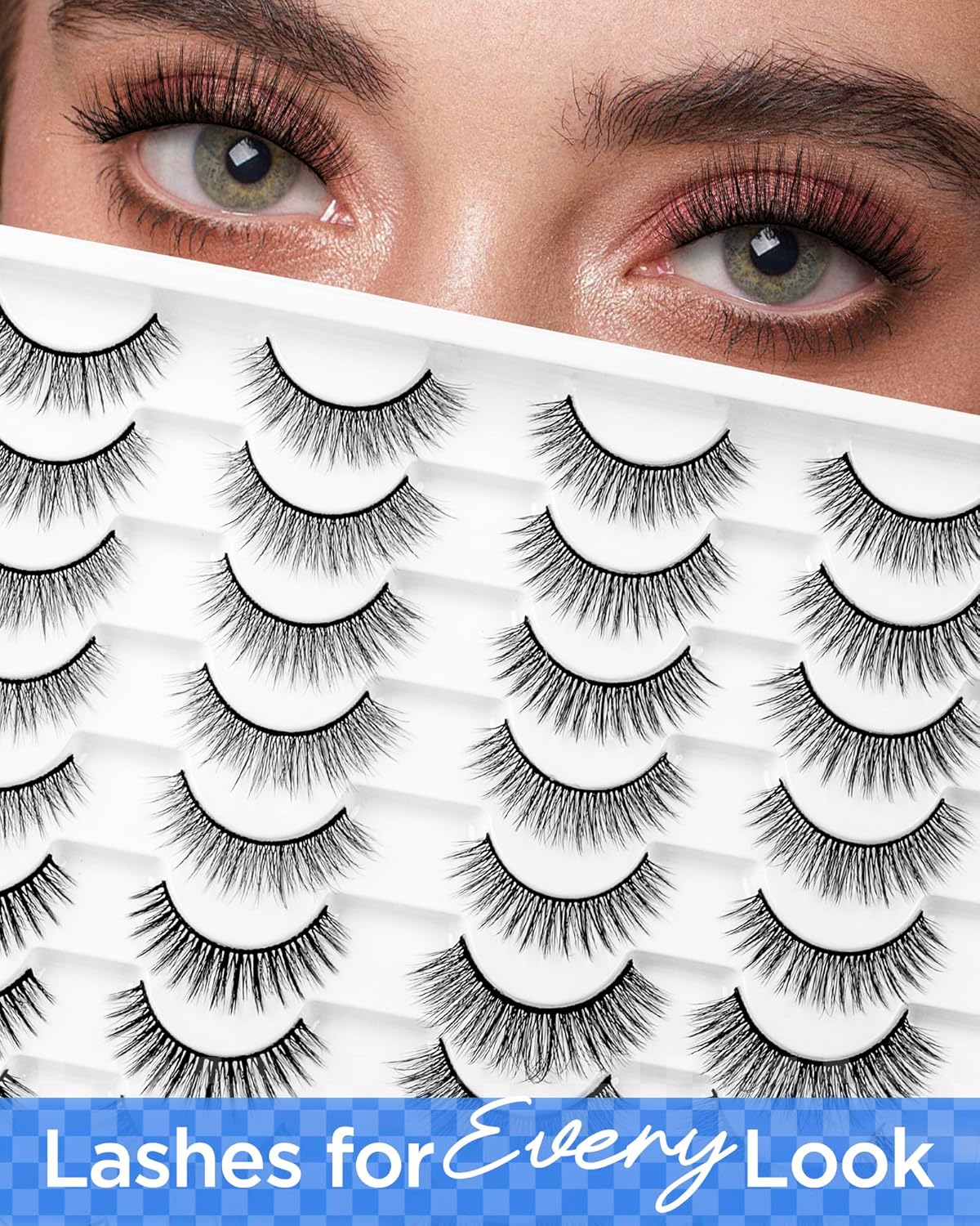 BEYELIAN False Eyelashes Natural Look 20 Pairs Strip Lashes, Wispy Lash Pack Soft 3D Volume Faux Mink Lashes That Look Like Extensions C-MIX-1
