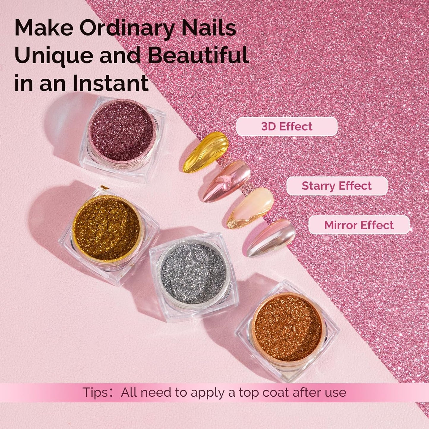 MelodySusie 4Pcs Chrome Nail Powder for Gel Nails,Metallic Mirror Effect Pigment Stylish and Technological Fine Glitter for Home DIY Salon Use