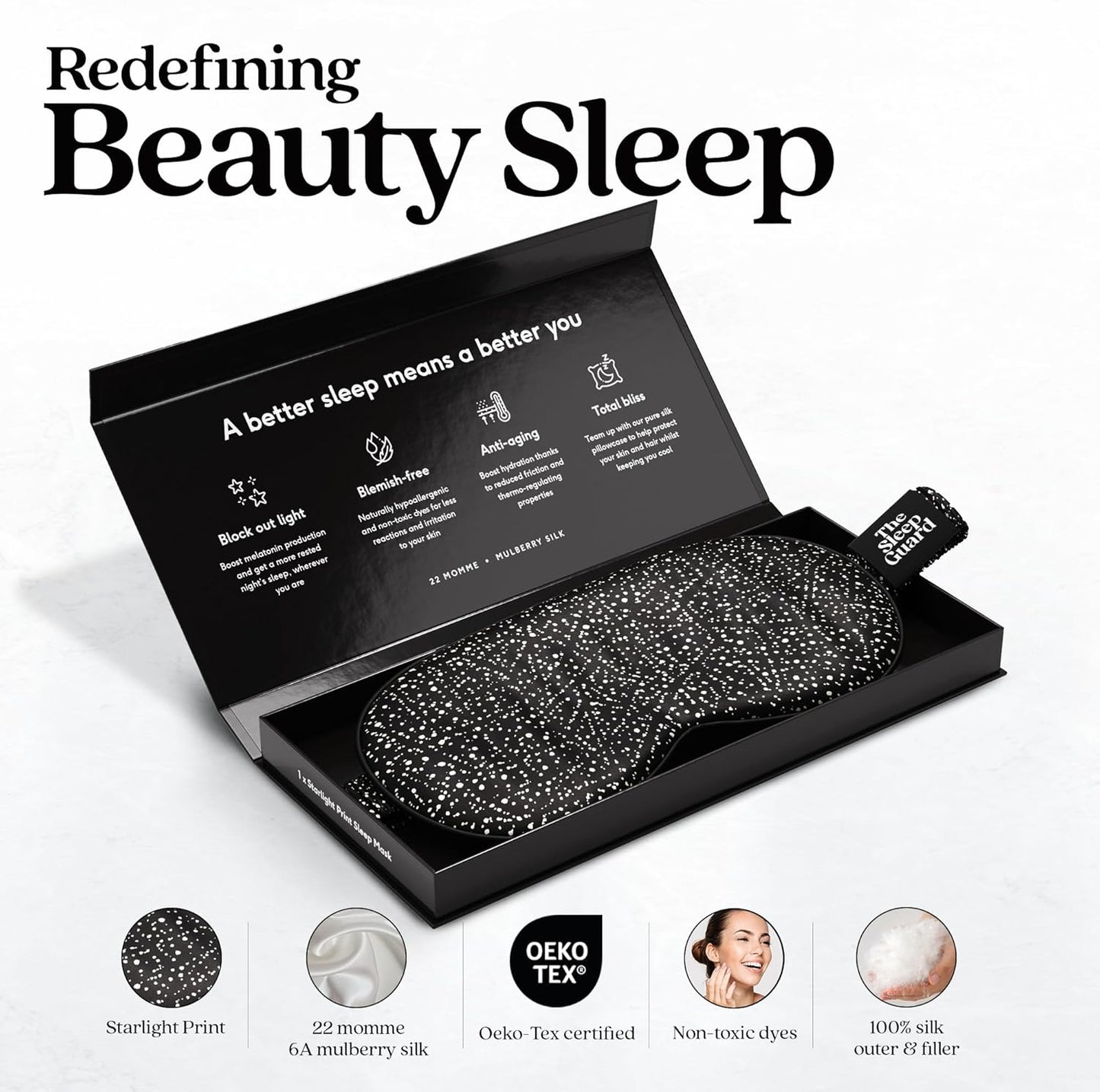 Pure Silk Sleep Mask [100% 6A Mulberry Silk, 22 Momme] Light Blocking Travel Essentials. Eye Masks for Sleeping. Black Oeko-Tex Blindfold. Eye Covers for Men & Women