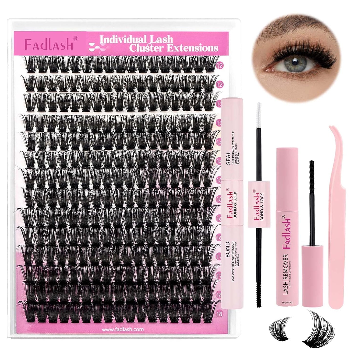 FADLASH Lash Extension DIY Kit Lash Clusters D Curl Cluster Lashes with Lash Bond and Seal Cluster Lashes Glue Remover Lash Tweezers for DIY Eyelash Extension at Home（Kit 80D-0.07D-12-18MIX）