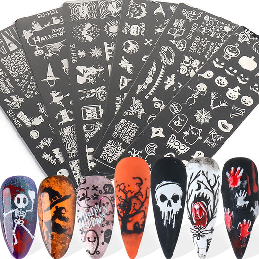 Halloween Nail Stamping Plate Art Stamping Kits DIY Printing Tools with Pumpkin Bat Witch Spider Owl Ghost Face Design Fashion Nail Stamp Art Decoration for Women 6Pcs