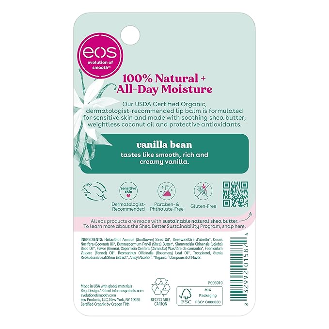 eos 100% Natural & Organic Lip Balm Stick- Vanilla Bean | Dermatologist Recommended for Sensitive Skin | All-Day Moisture Lip Care Products | 0.14 oz
