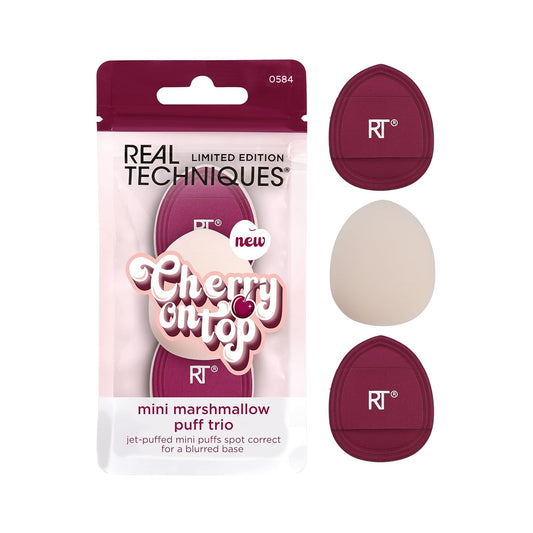 Real Techniques Cherry On Top Mini Marshmallow Puff Trio, Mini Makeup Puffs For Concealer & Foundation, Spot Correcting & Blending, Dry Use Beauty Sponge, Travel Size, Vegan & Cruelty-Free, 3 Count