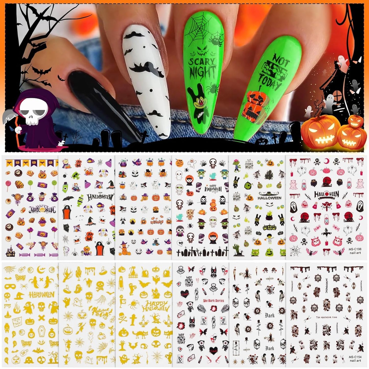 Halloween Nail Art Stickers Decals, Kalolary Self-Adhesive DIY Nail Sticker Decals 3D Design Nail Decorations for Halloween Party Include Pumpkin/Bat/Ghost/Witch(12 Sheets)