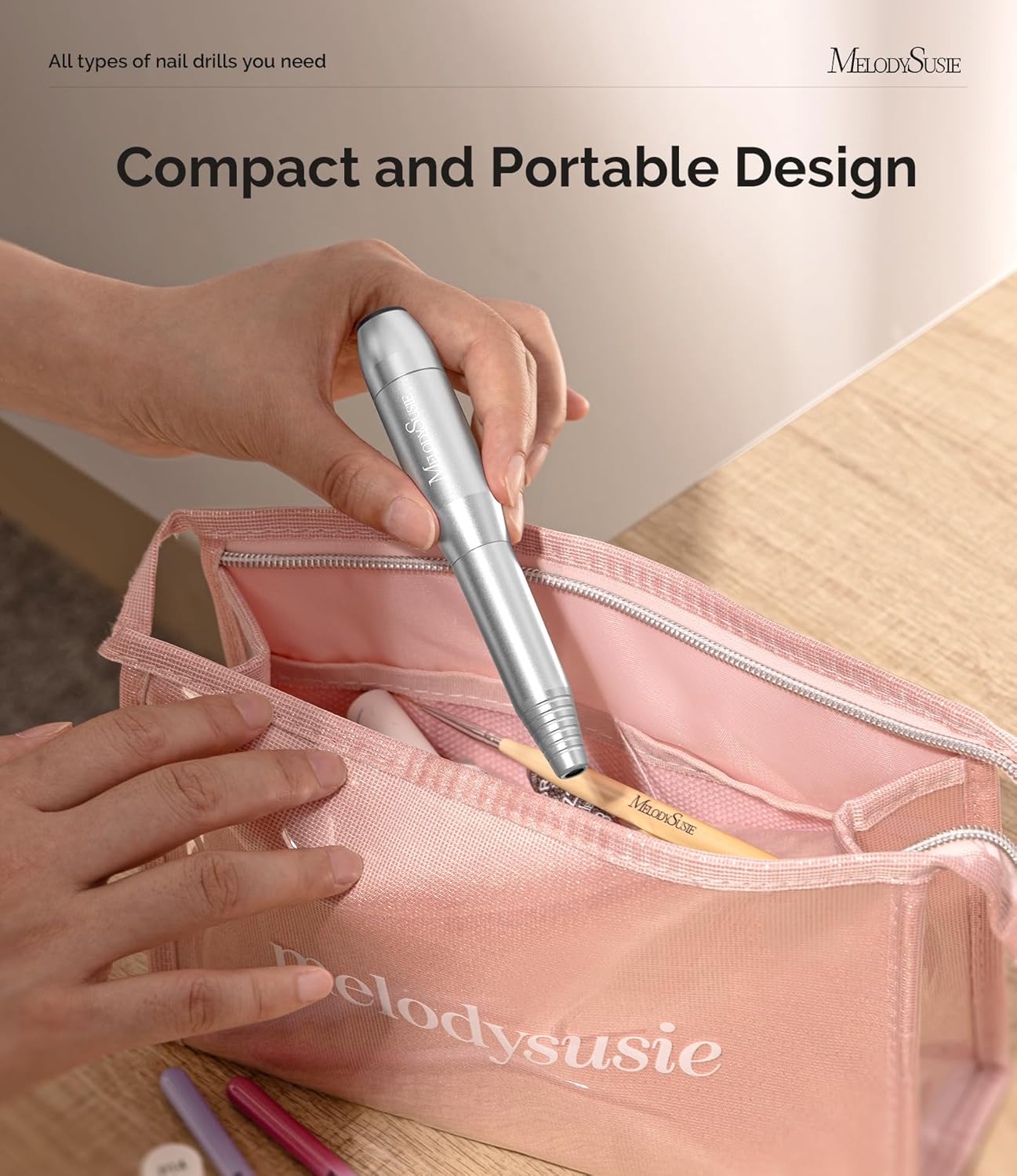 MelodySusie Portable Electric Nail Drill,PC120B Compact Efile Electrical Professional Nail File Kit for Acrylic, Gel Nails, Manicure Pedicure Polishing Shape Tools Design for Home Salon Use, Silver