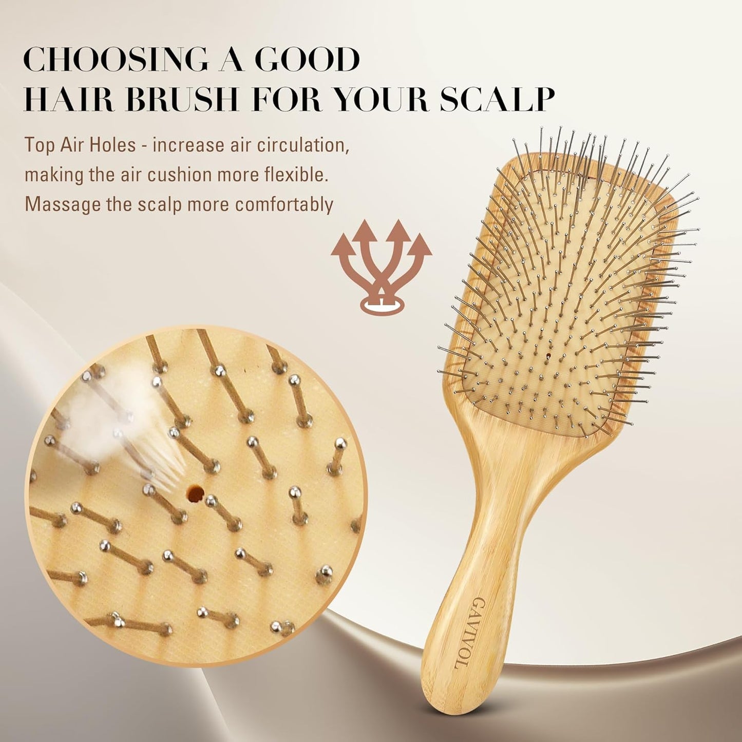 Bamboo Paddle Hair Brush with Steel Bristles for Detangling & Scalp Massage – Ergonomic Bamboo Handle – Anti-Static Metal Bristle Hairbrush for All Hair Types