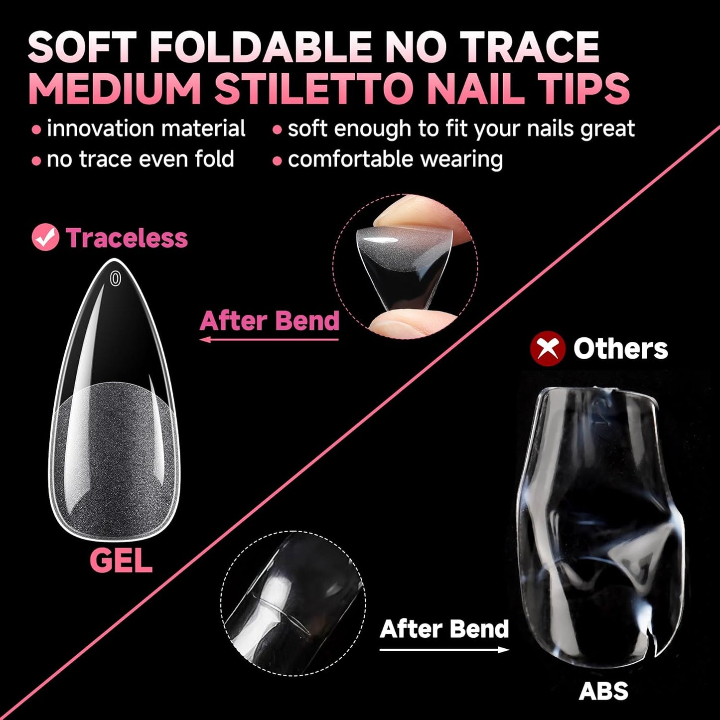 UNA GELLA Medium Stiletto Gel Nail Tips Halloween Full Cover 216Pcs Almond Shape Nails Tips Stiletto Pre etched Soft Gel Nails Tips Clear Fake False Nail Tips For Home Art Salon 12 Sizes