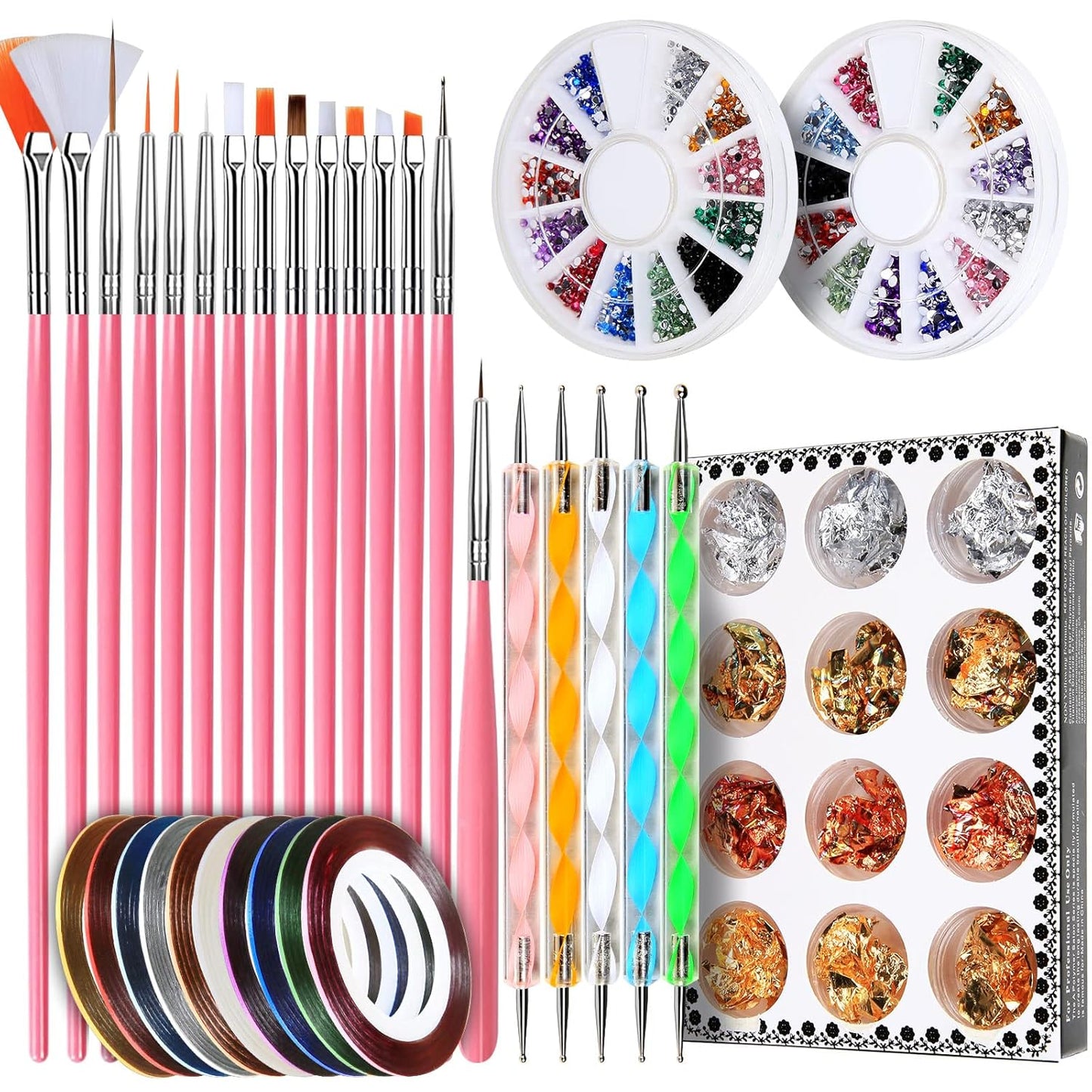 Teenitor Nail Pen Designer, Stamp Nail Art Tool with 15pcs Nail Painting Brushes, Nail Dotting Tool, Nail Foil, Manicure Tape, Color Rhinestones for Nails Pink