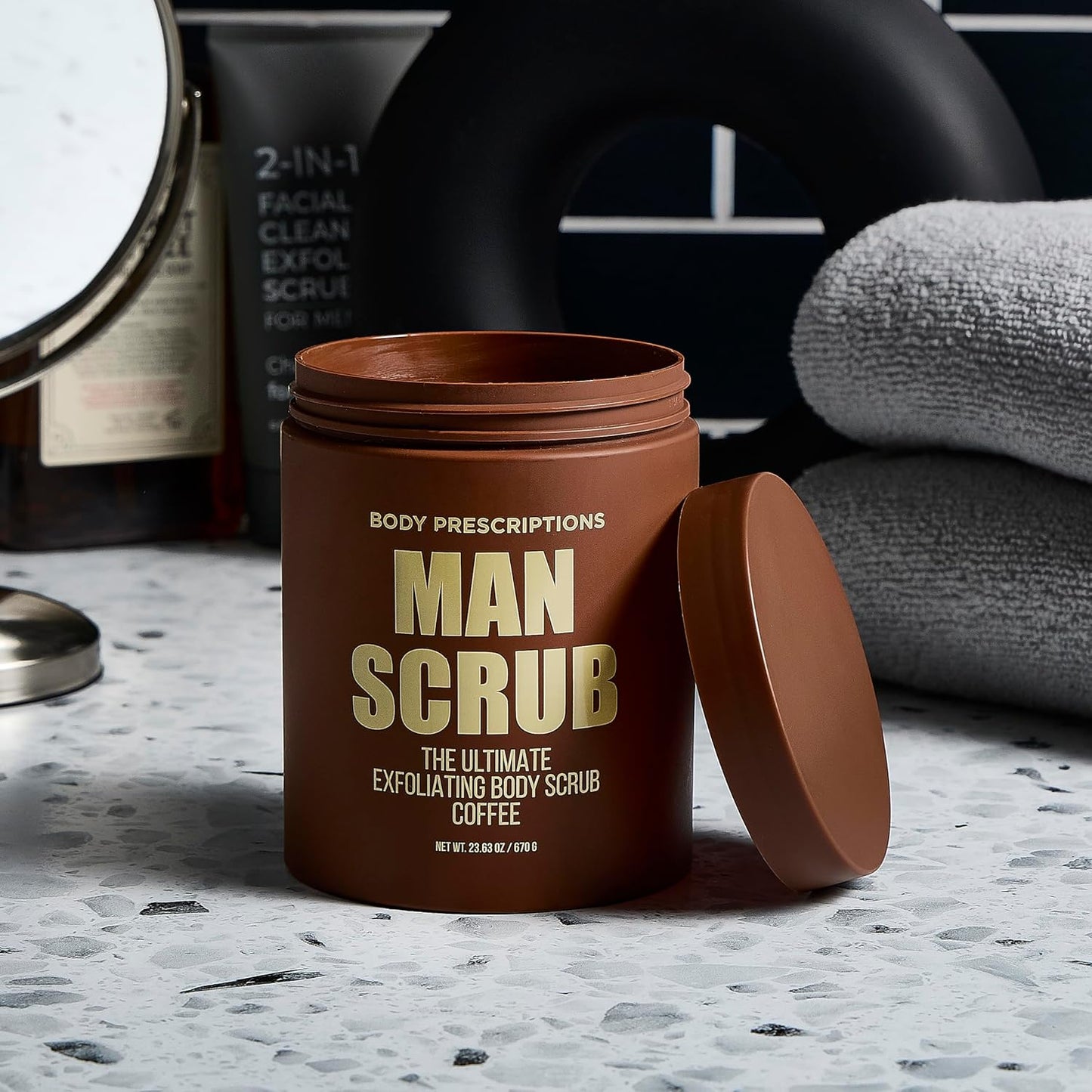 Body Prescriptions Men’s Exfoliating Body Scrub – Ultimate Skin Cleansing Wash in Jar with Twist-Top Lid, For All Skin Types, 21 Ounce (Pack of 2), Coffee