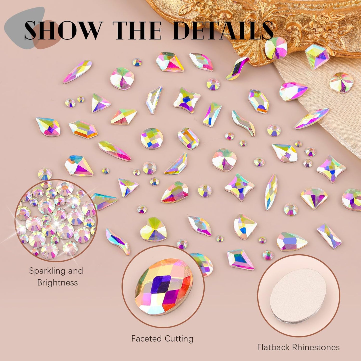 1680Pcs AB Glass Nail Rhinestones 180Pcs Multi Shapes Flatback Nail Gems + 1500Pcs 1.5-4mm Round Crystal with Rhinestones Glue Gel, Manicure Nail Charms Diamond Gemstones for Nail Art
