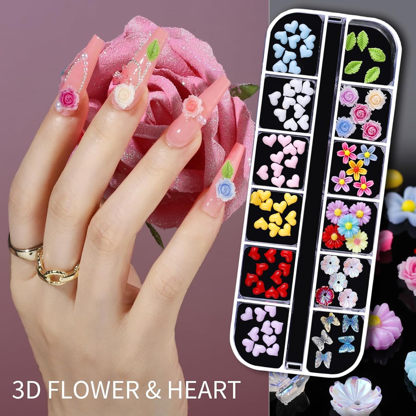 Teenitor Nail Charms and Gems Nail Art Tools, 6 Boxes 3D Nail Gems with 15 Sheets Nail Stickers for Nail Art, Flower Nail Stickers Nail Rhinestones Nail Supplies, Nail Pearls Nail Stuff Nail Decor
