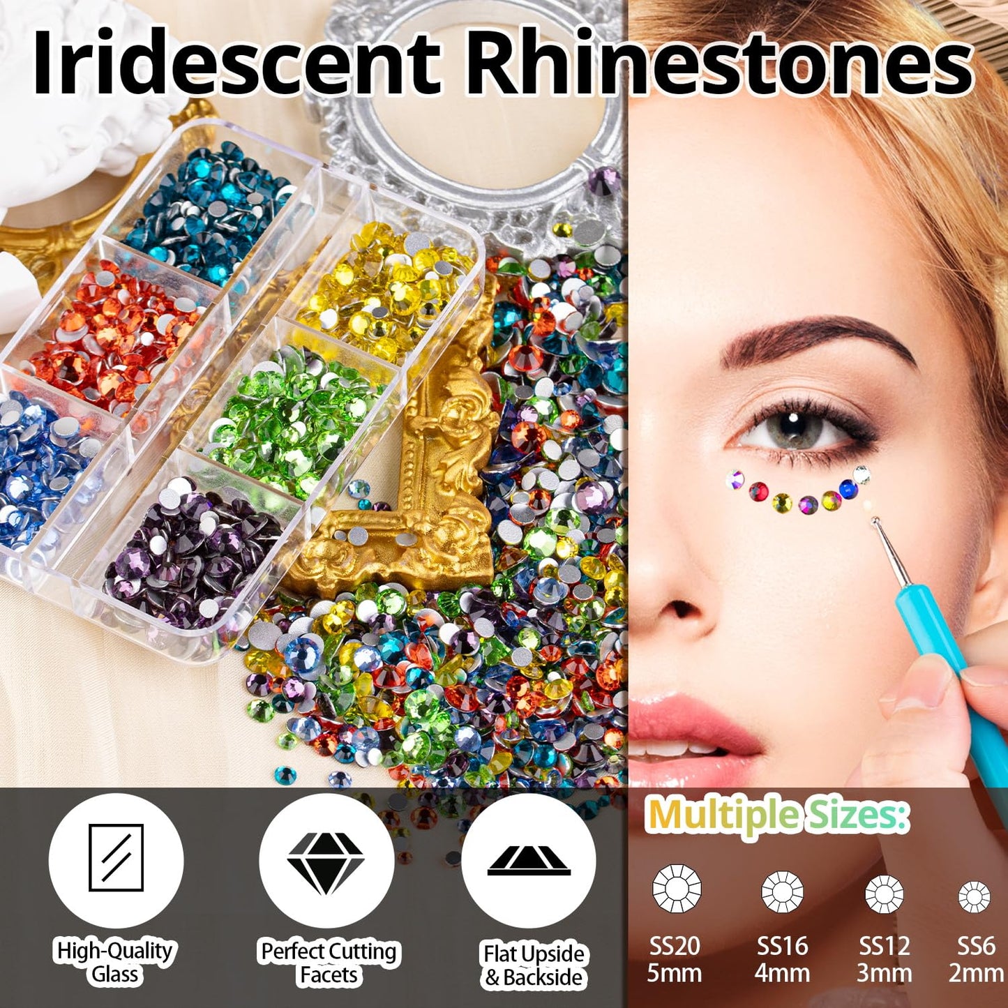 Colorful Face Gems for Makeup Set, Flatback Gorgeous AB Gems+Mixed-Colored Chameleon Crystals with Makeup Glue+Picker Pencil+Tweezer+Dual-End Dotting Tool for Eye Body Hair Make-up and Nail Art Deco