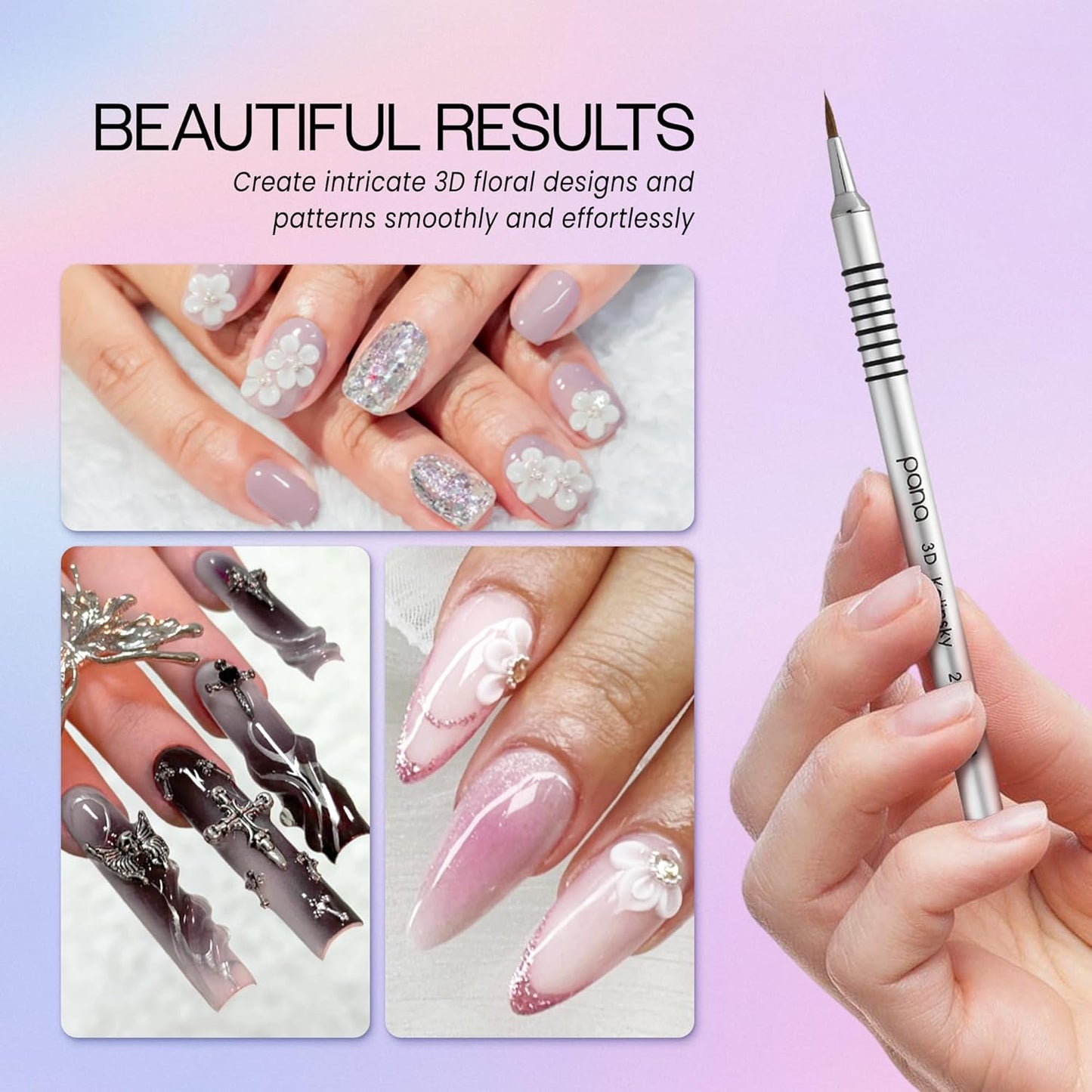 PANA 3D Kolinsky Acrylic Nail Art Sculpture Brush with Silver Metal Non-Slip Grip Handle for Manicures 3D Nail Art Flower Designs (Size #2)