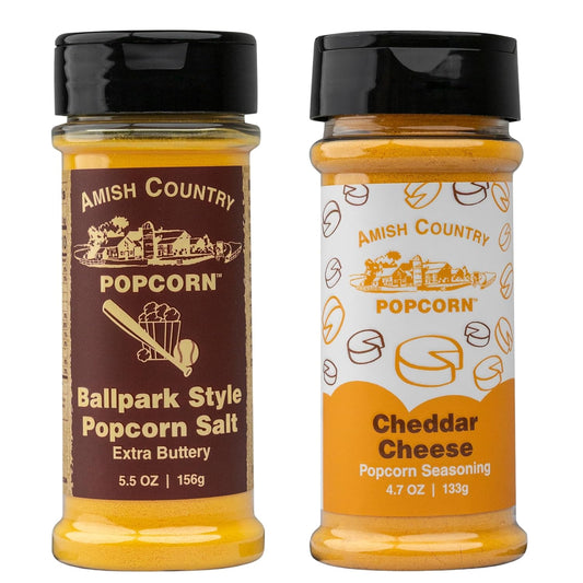 Amish Country Popcorn | Seasoning Variety Pack | BallPark Style ButterSalt - 5.5 oz & Cheddar Cheese - 4.7 oz Popcorn Seasoning | Old Fashioned, Non-GMO and Gluten Free