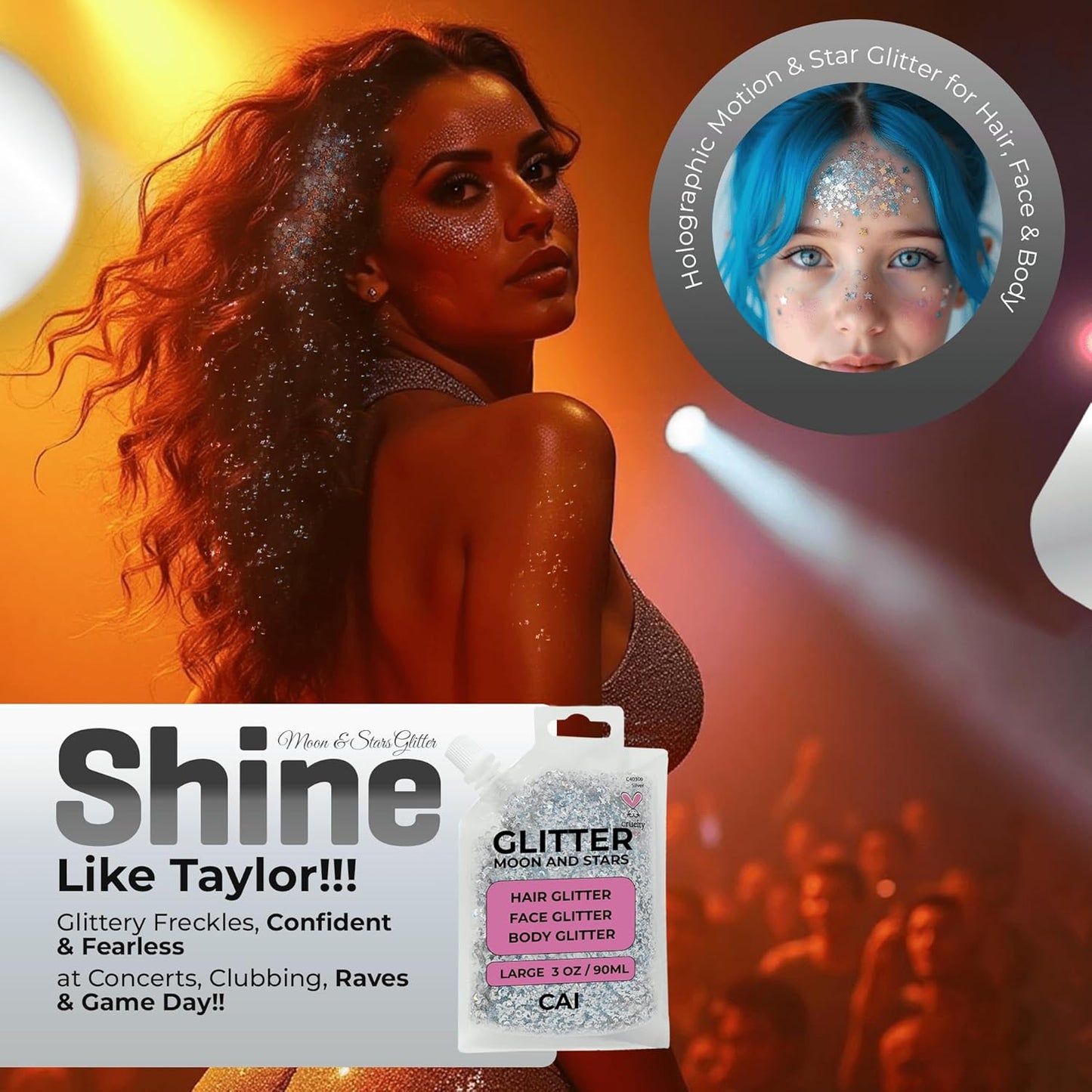 Face, Body & Hair Glitter Gel – Halloween Glitter for Kids and Women – 3 Oz Cosmetic-Grade Gel w/Moon & Stars for Festivals & Halloween Party, Easy Apply & Wash Off - Unicorn 5Pack