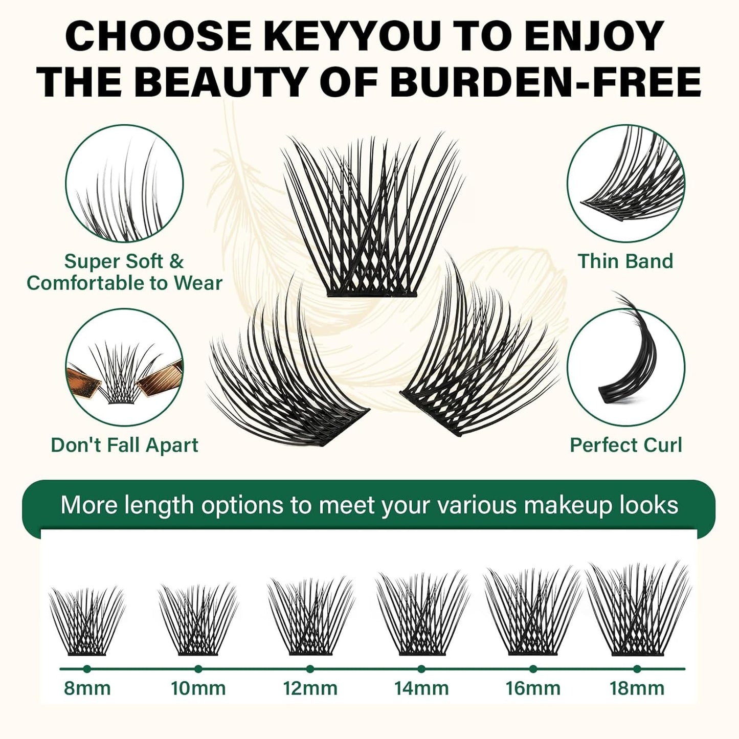 KEYYOU Lash Clusters 144pcs Individual Lashes D Curl 16mm Eyelash Clusters Super Lightweight Air Touch Cluster Lashes Soft&Wispy Comfortable Easy to DIY at Home(Air02-D-16mm)