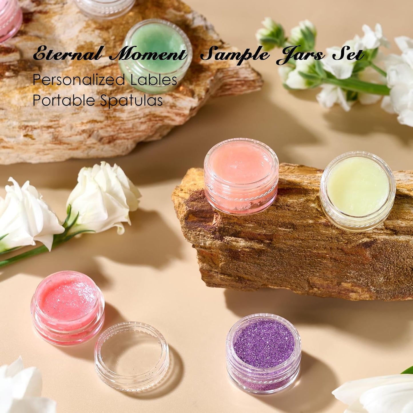 50 Pack 3 Gram Sample Containers with Transparent Lids, Small Plastic Cosmetic Jars, Makeup Travel Container Jar for Cream, Bead, Eye Shadow, Lotions, Powders, Lip Gloss with Labels Spatulas