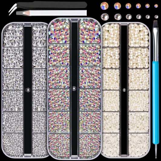 Rhinestones for Nails & Pearls, Manicure Kit, 2-5mm Flat Back Glass Crystal AB + Transparent Clear Gemstones, 2-6mm Beige Half Round Pearls, Gems for Nail Art with Pickup & Dotting Tools