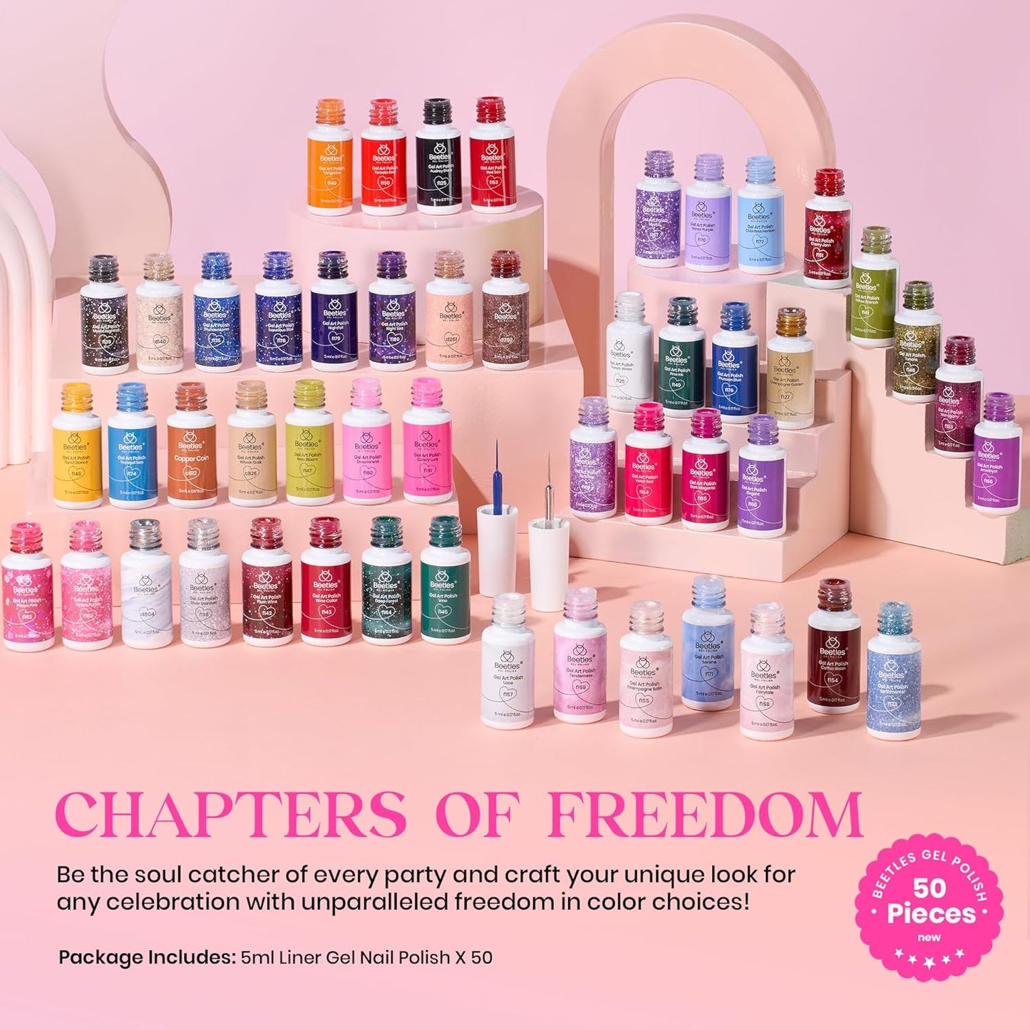 Beetles 50 Colors Gel Liner Nail Polish Set French Tip Nail Art Polish Glitter Brown Purple Blue Gel Nails Polish White Pink Swirl Nails Art Painted Cat Eye Build in Thin Brush Manicure Gift for Women