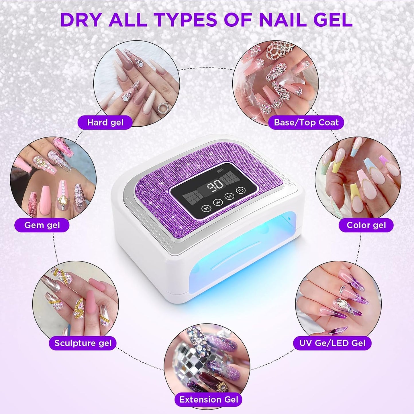 Cordless Nail Lamp, Rechargeable UV Nail Lamp for Gel Nails, LED Nail Lamp with 4 Timer Modes, Gel Nail Light Decorate with Sparkling Nail Rhinestones Diamond (Sparkly Purple Diamond)