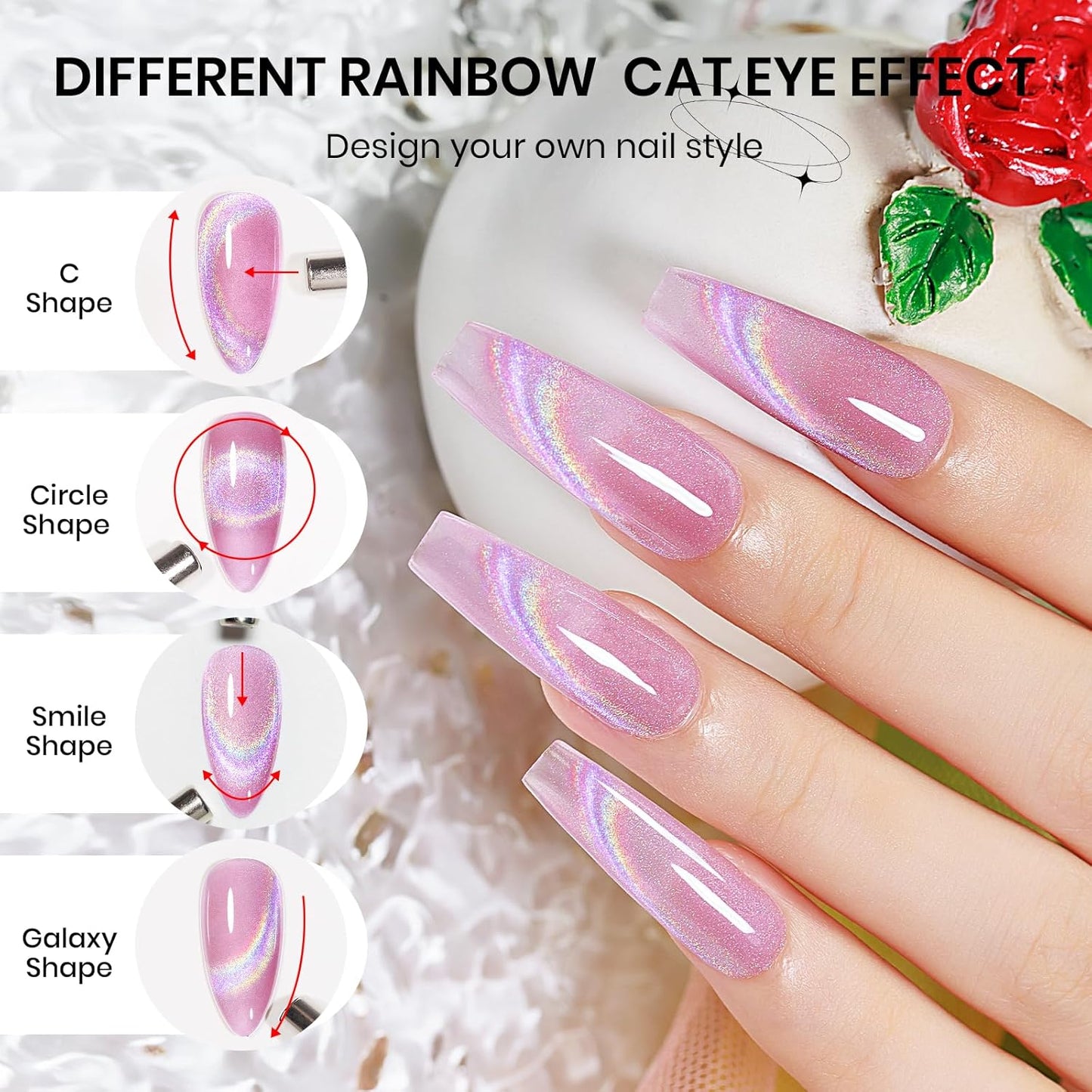 Pink Rainbow Cat Eye Gel Nail Polish Glitter Holographic Gel Polish with Magnetic Stick for a Glittery Iridescent Galaxy Effect Soak Off UV Lamp Perfect for Nail Art & DIY Manicures at Home