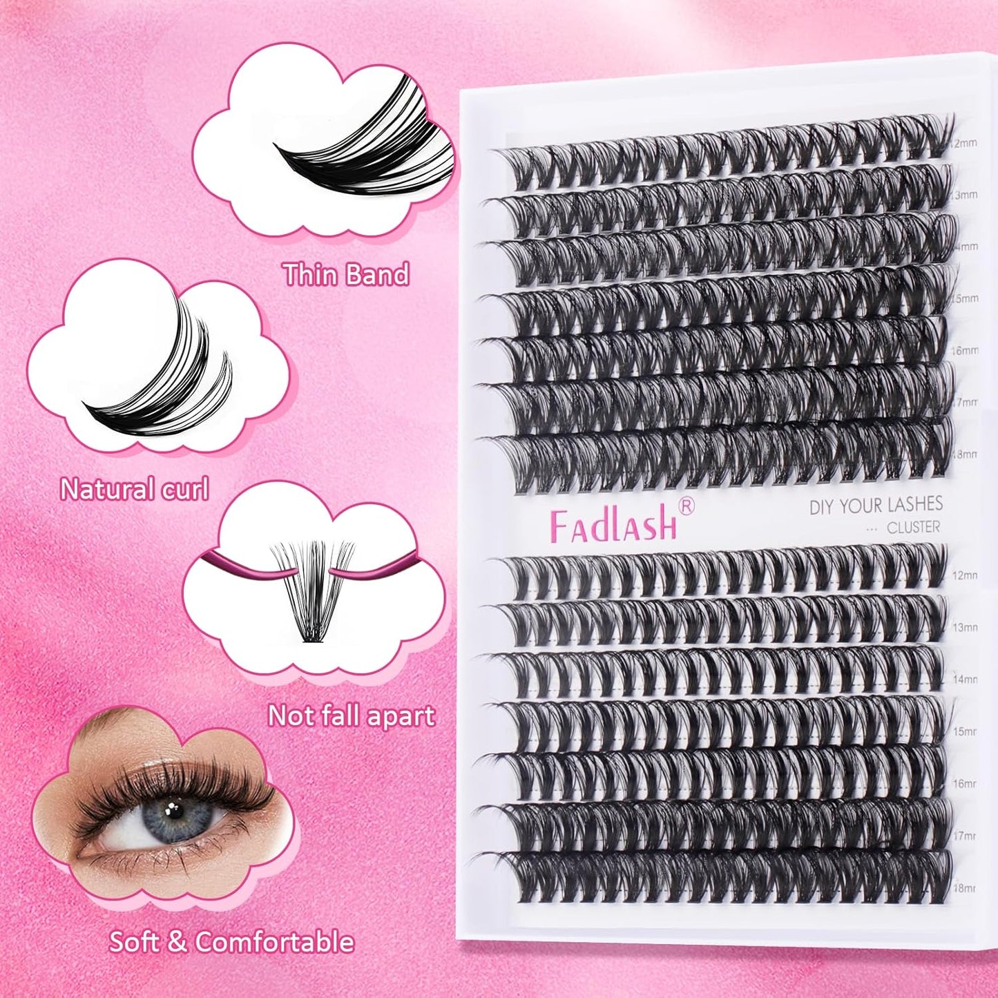 FADLASH Cluster Lashes D Curl Wispy Individual Lashes DIY Eyelash Extension Natural Look Reusable Fluffy Cluster Eyelash Extensions Self Application At Home (40D+50D-0.07D-12-18MIX)