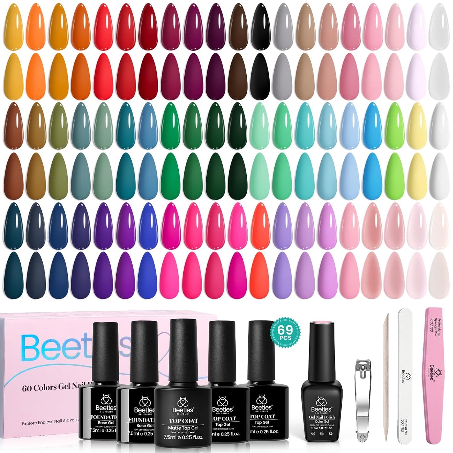 Beetles Fall Gel Nail Polish Set - 69PCS 60 Colors Gel Polish Kit Base Coat Glossy & Matte Top Coat Soak off Emotional Spectrum Collection Brown Red Black Nude White All Seasons Gifts for Women