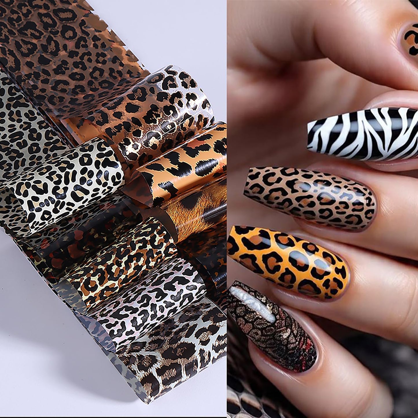 10 Rolls Leopard Print Nail Foil Transfer Stickers Autumn Winter Nails Decoration Self Adhesive Leopard Nail Foils Transfer Nail Art Animal Print Nails Supplies for Women DIY Manicure Accessories