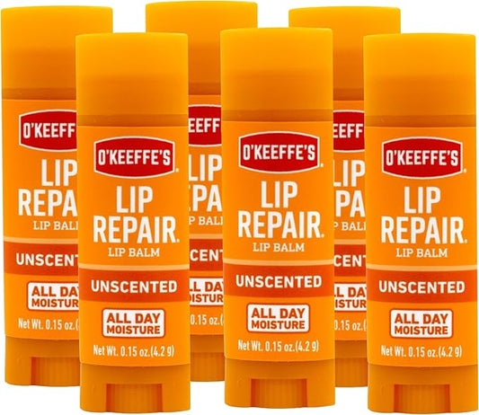 O'Keeffe's Unscented Lip Repair Lip Balm for Dry, Cracked Lips, Stick, (Pack of 6)