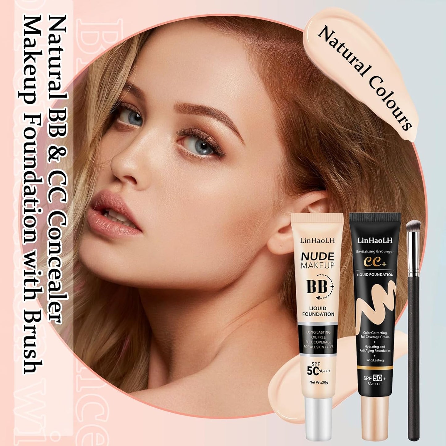 Full Coverage Concealer Foundation,Oil Control Long Lasting Lightweight BB Cream Tinted Face Moisturizer with SPF 50+ PA+++,Moisturizing CC Cream Liquid Foundation Makeup Brush Set（2 Pack）