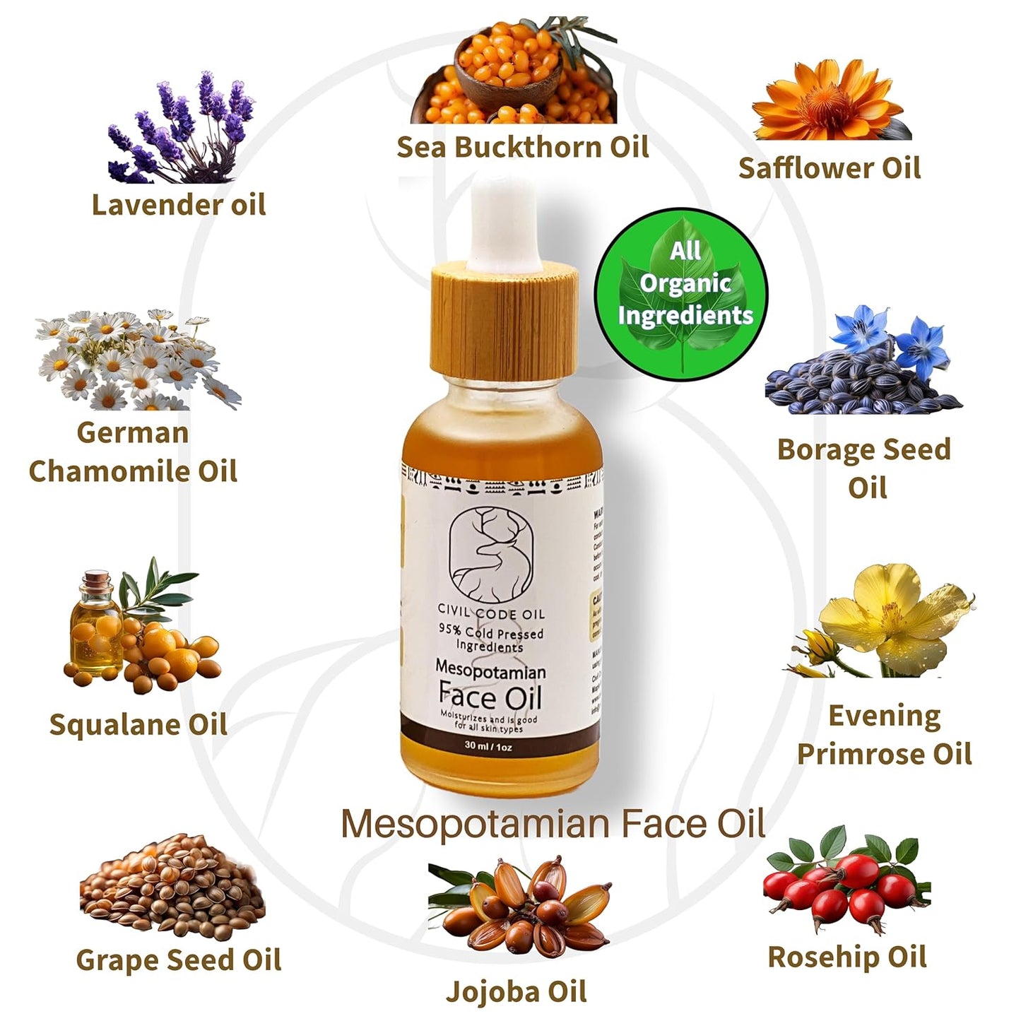 Civil Code Mesopotamian Face Oil – Organic Anti Aging Facial Oil for Women with Sea Buckthorn, Jojoba, Squalane & Lavender – Hydrating Skin Care for Dry Skin & Fine Lines – Natural Skincare 1oz