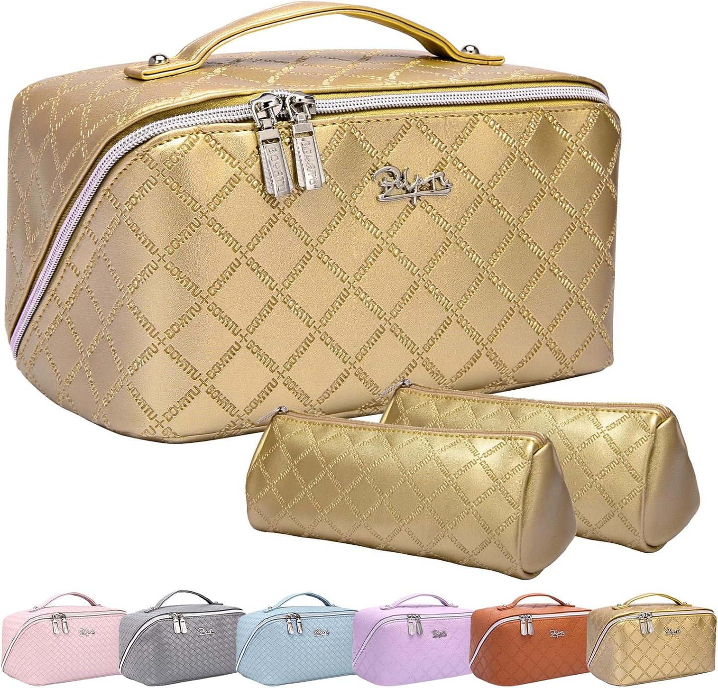 BOYATU Travel Makeup Bags Cosmetic Organizer Bag: 3-Set Large Capacity Make up Bag - PU Leather Toiletry Bags for Women - Wide Open Portable Pouch with Divider & Handle (07-Gold)