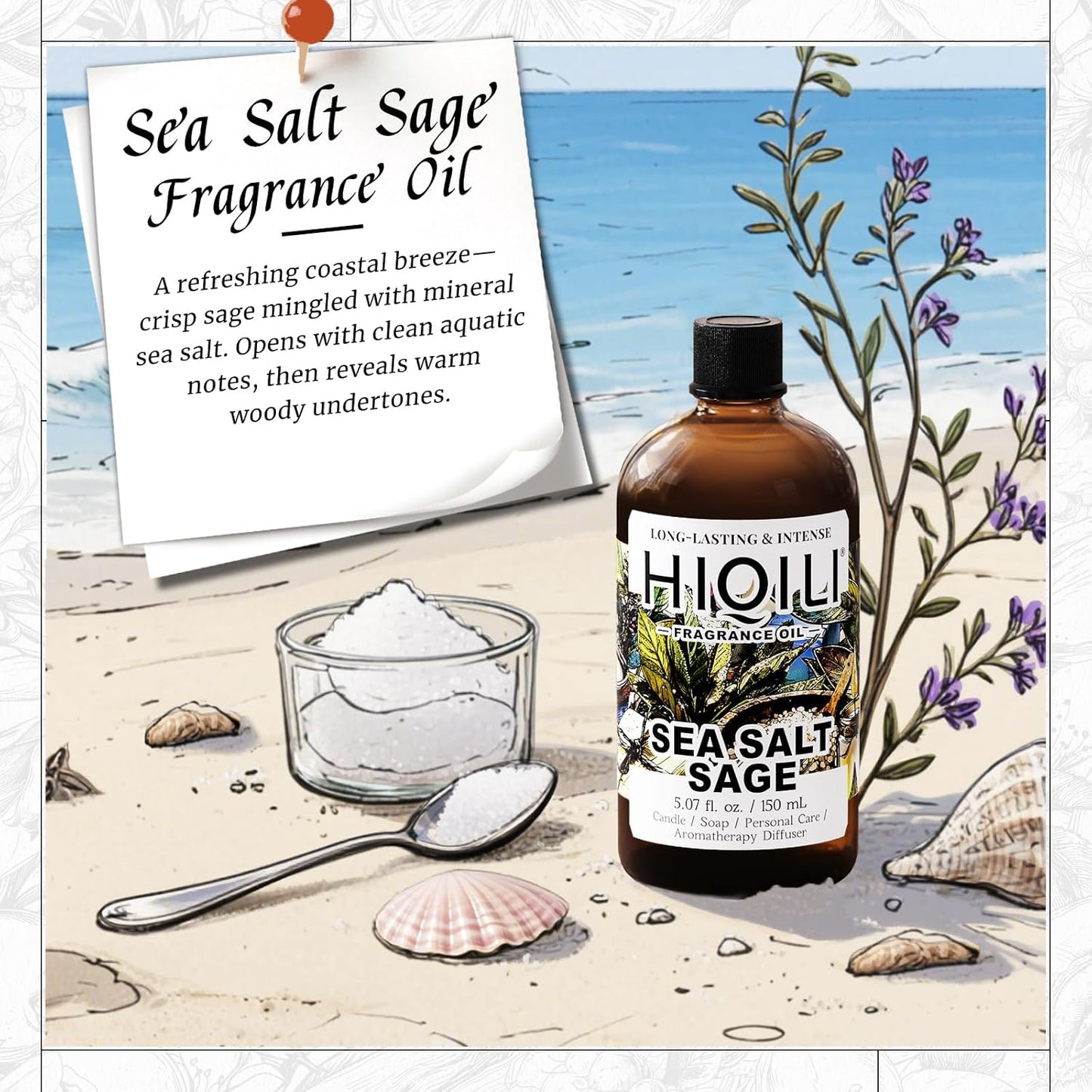 HIQILI Sea Salt Sage Fragrance Oil for Diffuser Use, Candle Making Scents, Soap Making Supplies, Car/Hotel Collection Diffuser Oil - 5.07 Fl Oz