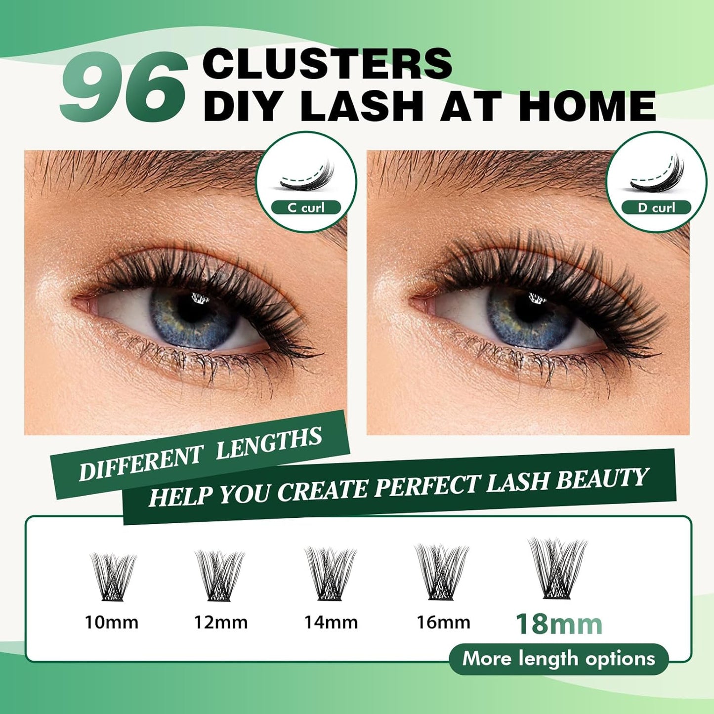 Lash Clusters 96pcs Individual Lashes D Curl 10mm Eyelash Clusters KEYYOU Volume Wispy Lash Extension Soft&Comfortable Easy DIY at Home(Y19,D-10mm)