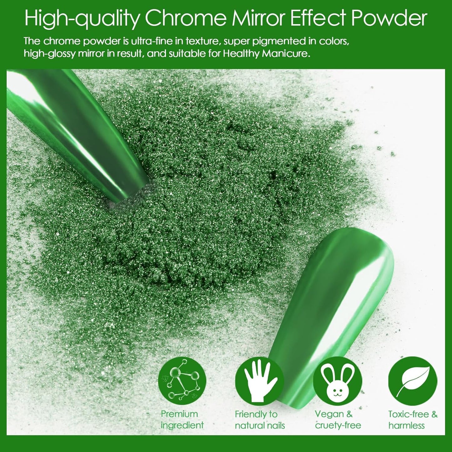 Allstarry Green Chrome Nail Powder, 2 Colors Metallic Effect Mirror Chrome Powder Pigment Manicure Glitter Kit for Gel Polish St Patricks Day Nail Art St Patty's Day Accessories - Wheat Field Green