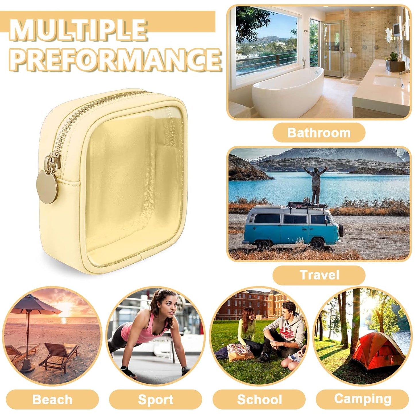 Clear Mini Makeup Bag for Purse, Small Nylon&PVC Cosmetic Bag TSA Approved Toiletry Bag with Zipper, Transparent Travel Bag Coin Purse for Women Men Girls(Beige)