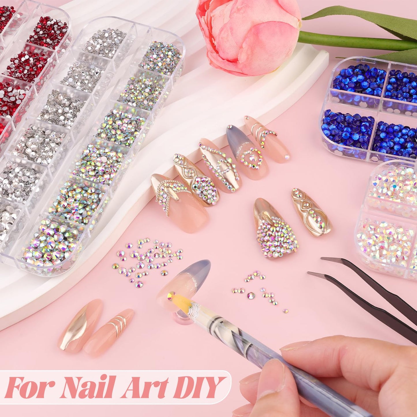 3600pcs Glass Red Nail Rhinestones 6 Sizes(1.8/2/2.4/2.8/3/4mm) Flatback Crystal Nail Charms Jewels Decoration for Nail Art and Crafting, Tweezer and Pickup Pen included