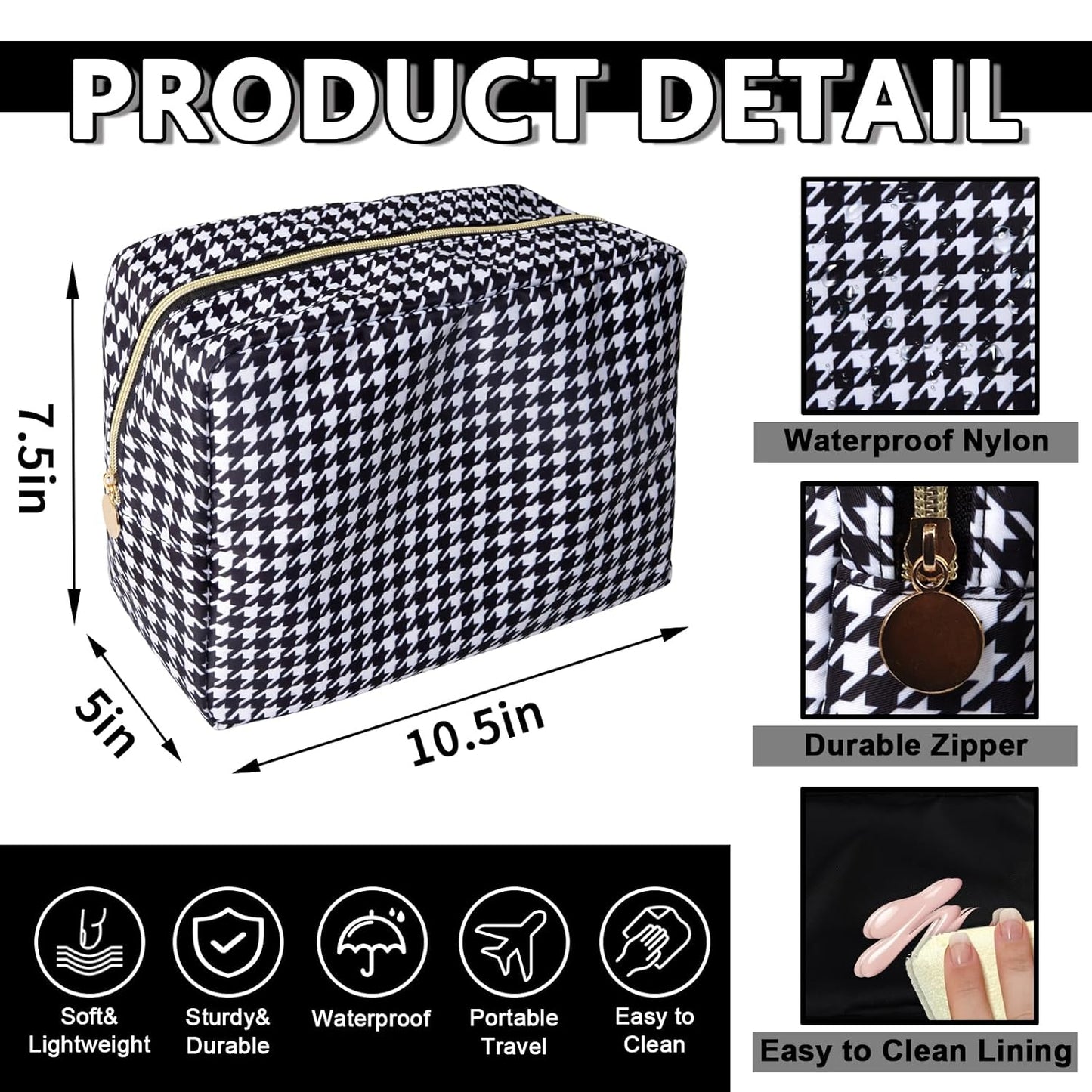 Large Makeup Pouch, Nylon Women Travel Toiletry Storage Houndstooth Cosmetic Bag for Girls, Big Preppy Makeup Organizer Cute Zipper Pouch Skincare Bag for Sport School (Large-Houndstooth)
