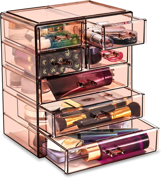 Sorbus Acrylic Clear Makeup Organizer - Big & Spacious Cosmetic Display Case - Stylish Designed Jewelry & Make Up Organizers and Storage for Vanity, Bathroom (4 Large, 2 Small Drawers) [Bronze Glow]