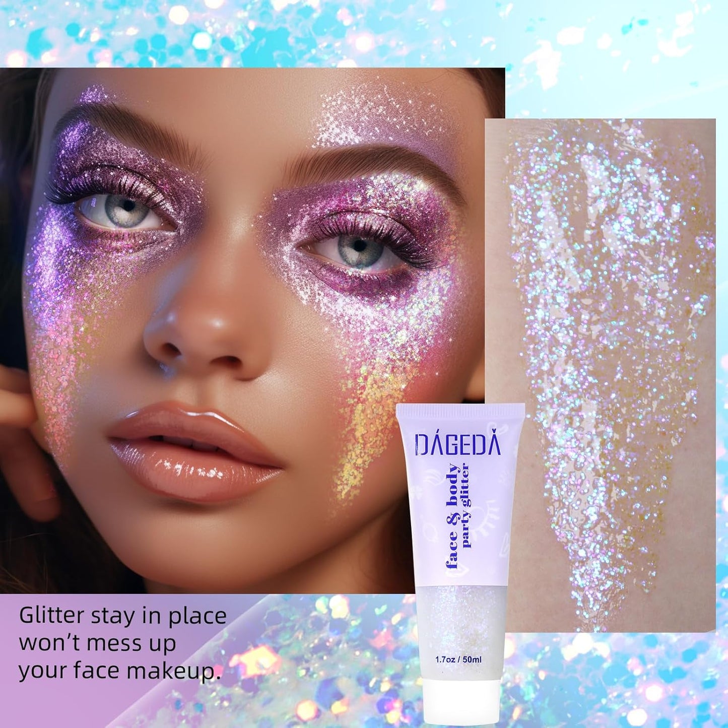 DAGEDA Body Glitter Gel, Holographic Face Glitters Body Gel Shimmer Liquid Eyeshadow, Color Changing Glitter for Face Hair Nails, Glitter Under Light Festival Glitter Makeup 1.7oz (Mystic Purple)