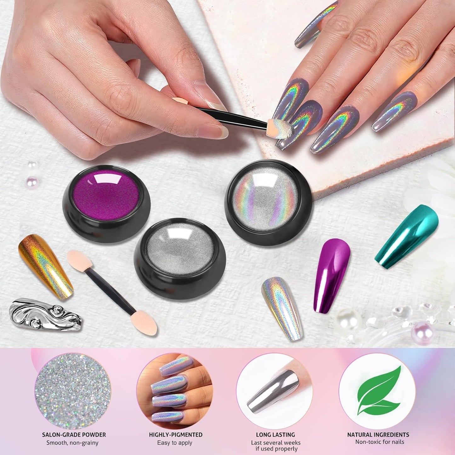 Gold Silver Chrome Nail Powder, 24 Colors White Pearl Unicorn Iridescent Holographic Nail Chrome Powder, Red Blue Green Black Purple Rose Gold Metallic Mirror Chrome Powder for Nails Glitter Pigment
