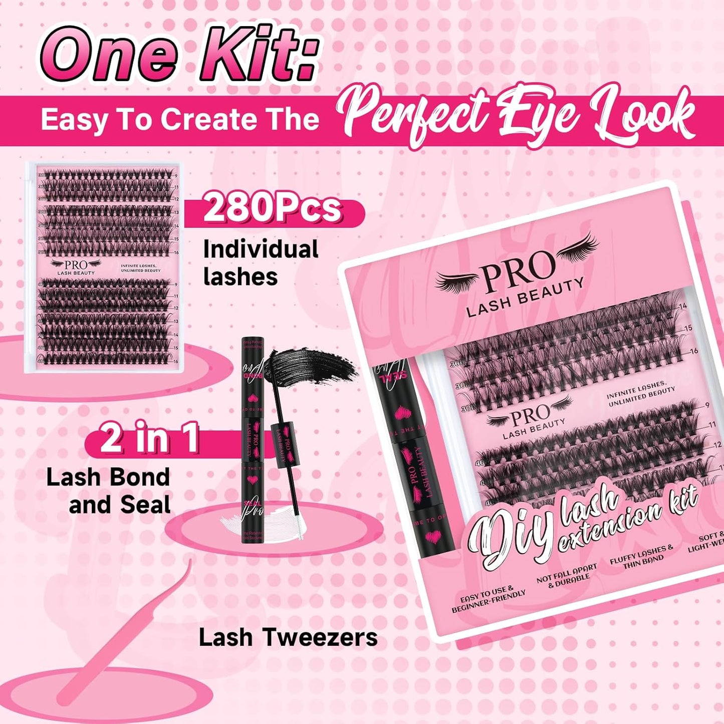 Lash Clusters Kit 280 Pcs Cluster Lashes 30D+40D Lash Extension Kit with Lash Bond and Seal Waterproof Lash Applicator Individual Lashes Apply at Home(30D+40D-9-16mix Kit)