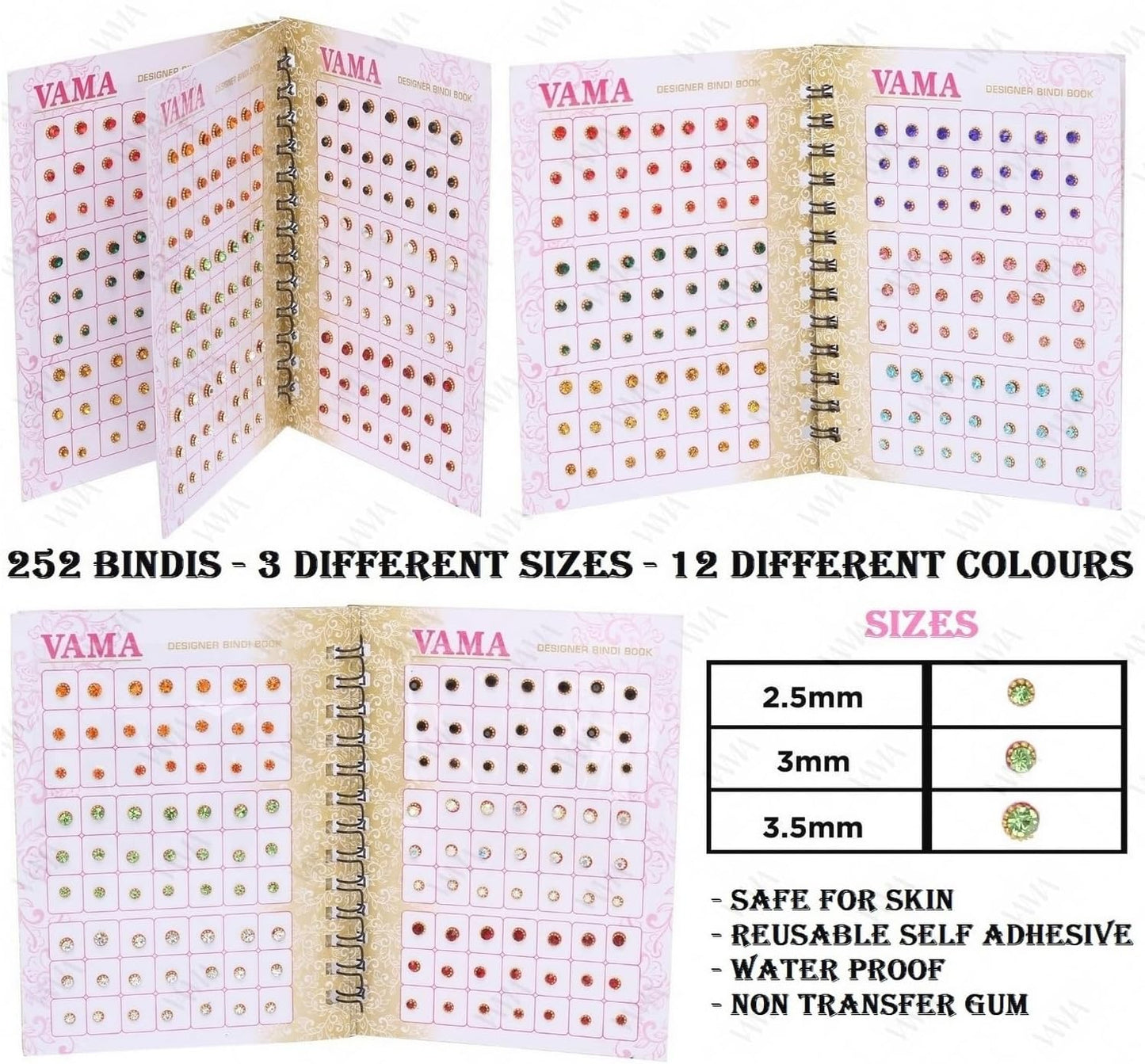 VAMA Multicolour Small Stone Indian Bindis Kumkum Forehead Sticker Bindiya Bindi Booklet for Girls & Women - 252 Diamond Sticker Bindis Book