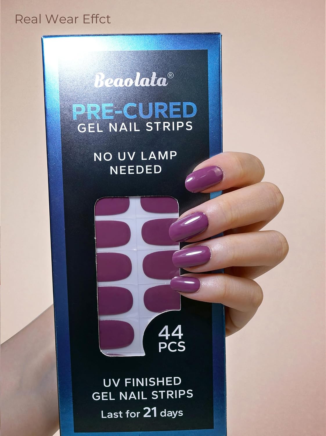 Pre Cured Gel Nail Strips - 44PCS Salon Quality Gel Nail Stickers - Long Lasting Polish Wraps for Women no UV Light Needed Easy Apply& Remove (Fudge Purple）