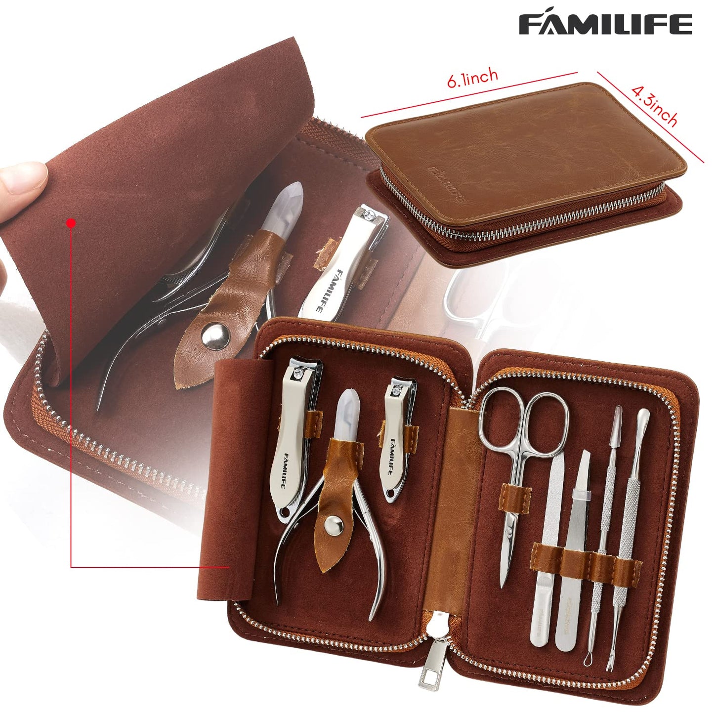 FAMILIFE Manicure Set, Nail Clippers Pedicure Tool, 8 pcs Stainless Steel Manicure Kit Professional Grooming Tool, Nail Kit with Portable Brown Leather Travel Case Luxury Gifts for Men